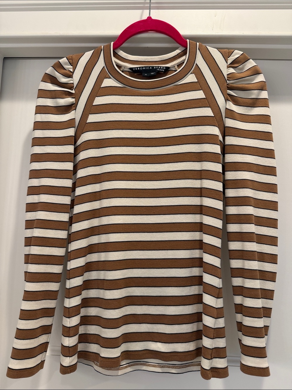 Veronica Beard Camel and Cream Striped Ribbed Puff-Sleeve Long Sleeve Top